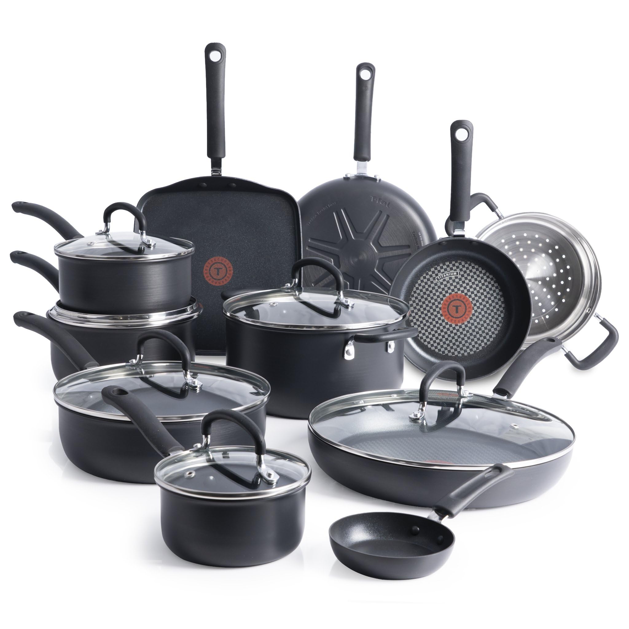 710w10ywNcL Tefal E765SH Ultimate Hard Anodized 17 Piece Cookware Set, Aluminum, Black - Image 1