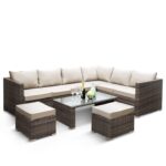 KEPLIN 9pc Corner Rattan Garden Furniture Set – Corner Garden Furniture Patio Set for Lawn