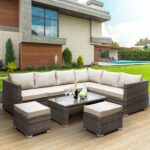 KEPLIN 9pc Corner Rattan Garden Furniture Set – Corner Garden Furniture Patio Set for Lawn - Image 6