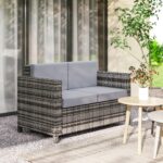 Outsunny Rattan Sofa, 2 Seater Garden Furniture with Soft Padded Cushion and Armrests - Image 3