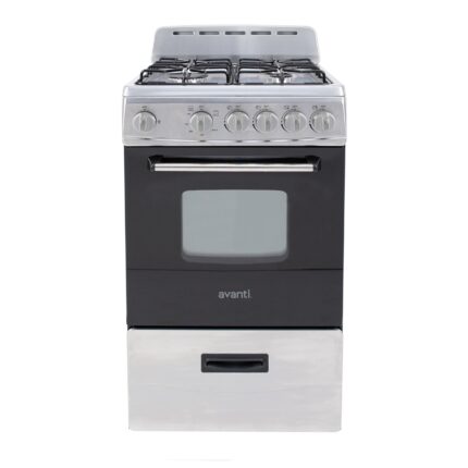 Avanti Gas Range Oven, Compact Freestanding Design, 4 Sealed Burners with Electronic Ignition, 2.1 Cu.Ft. Capacity Features Storage